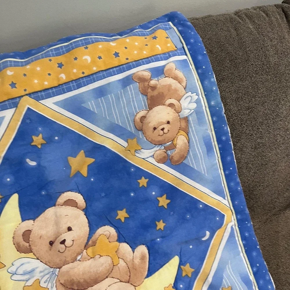 Vtg 90s Celestial Angel Teddy Bear Moon Stars Baby Quilt‎ Blue Yellow 33x42